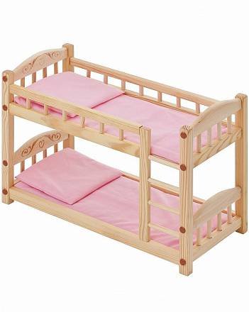 Двухъярусная кукольная кроватка из дерева с розовым текстилем 